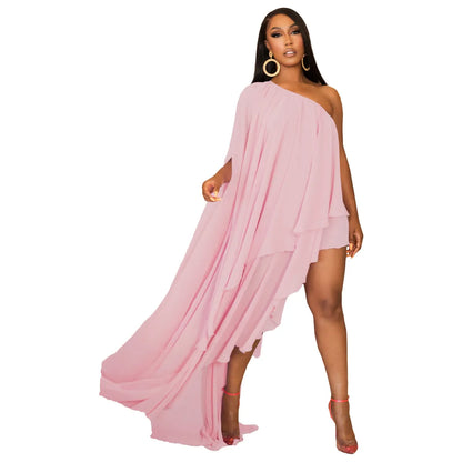 Sexy Solid Color Chiffon Irregular One-Shoulder Dress