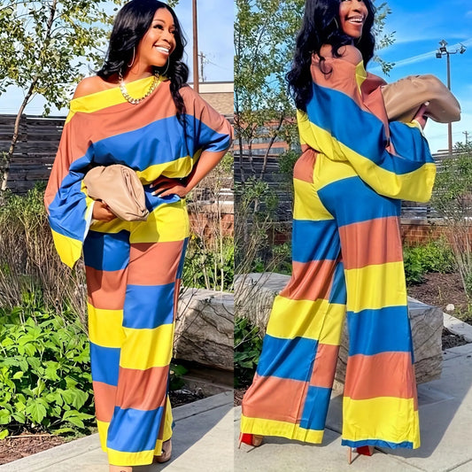 Casual Loose Shoulder Stripe Long-Sleeved Top Wide-Leg Pants Set