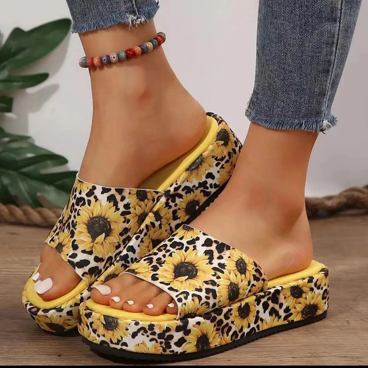 Casual Printed Round-Toe Platform Wear-Resistant Slippers