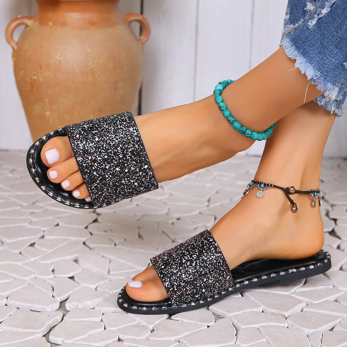 Sequins Round Toe Flat Slippers