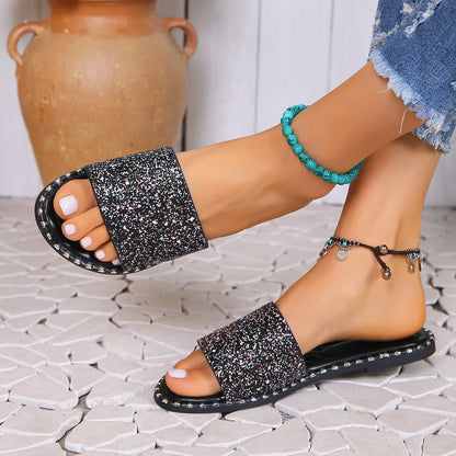 Sequins Round Toe Flat Slippers