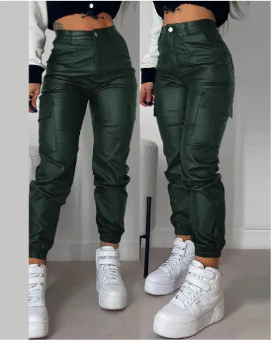 Pleated Pocket PU Trousers