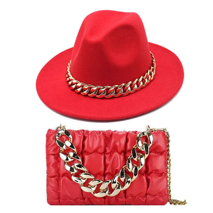 Gold Acrylic Chain Messenger Bag With Jazz Hat Two-Piece Set