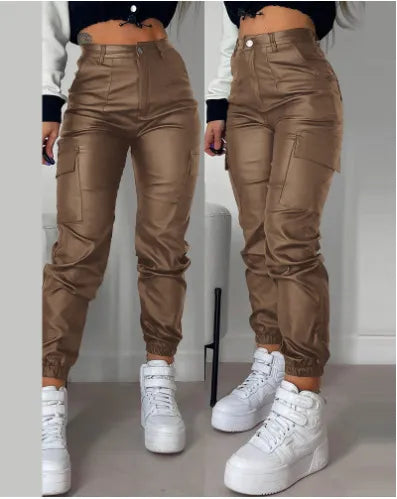 Pleated Pocket PU Trousers