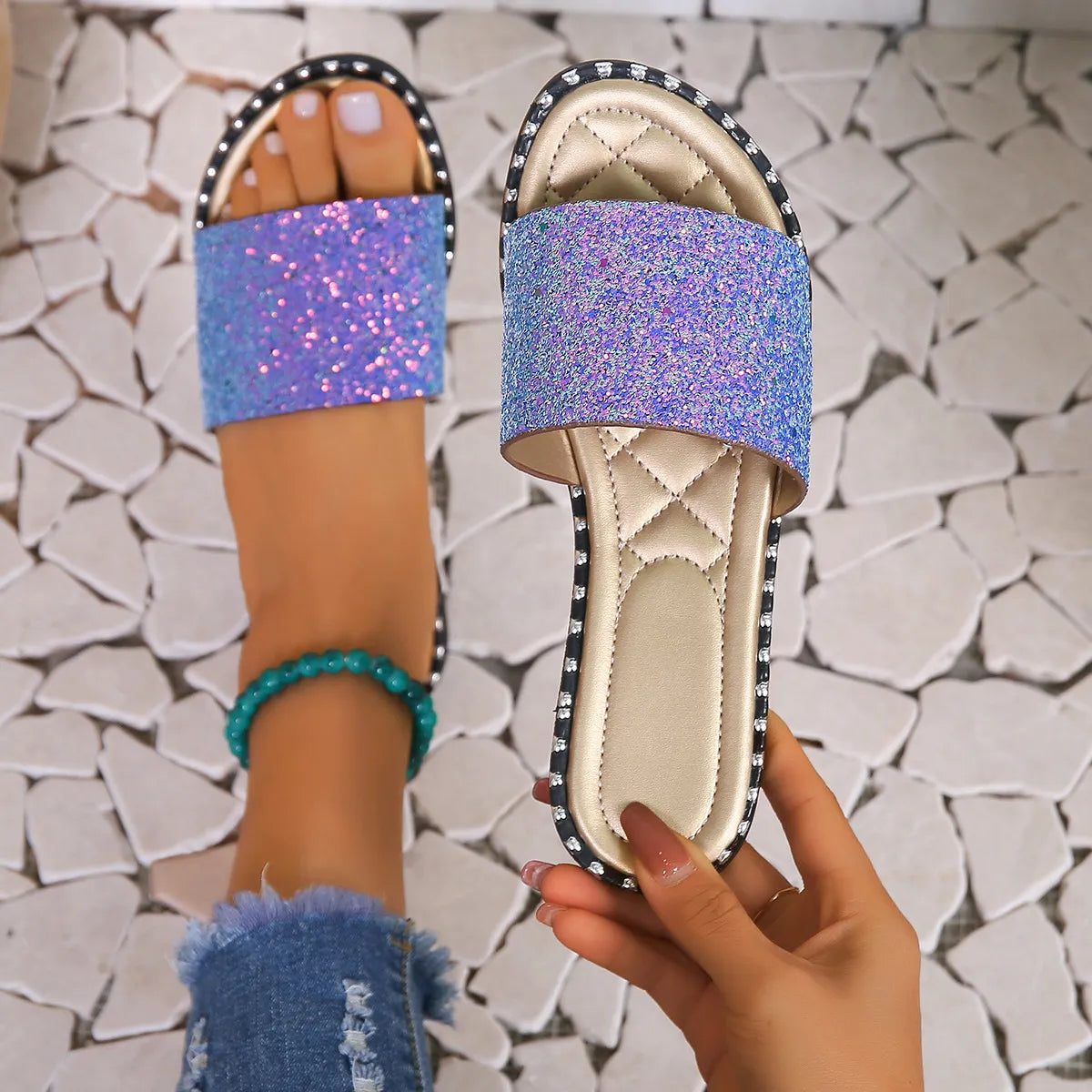 Sequins Round Toe Flat Slippers