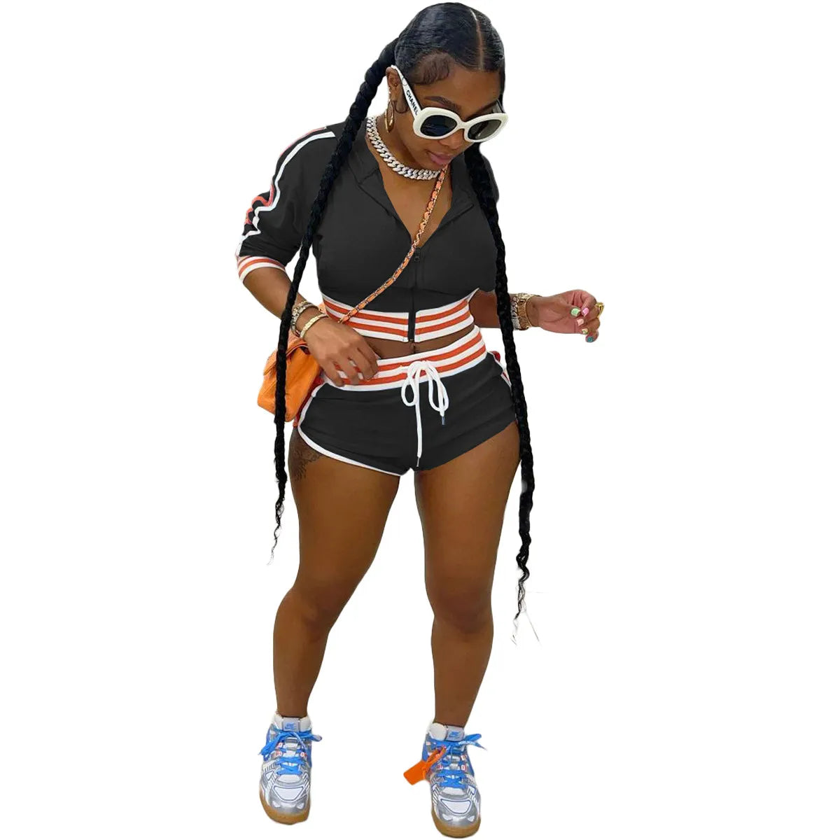 Stripe Hooded Long Top + Sexy Shorts Tracksuit