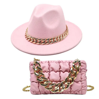 Gold Acrylic Chain Messenger Bag With Jazz Hat Two-Piece Set