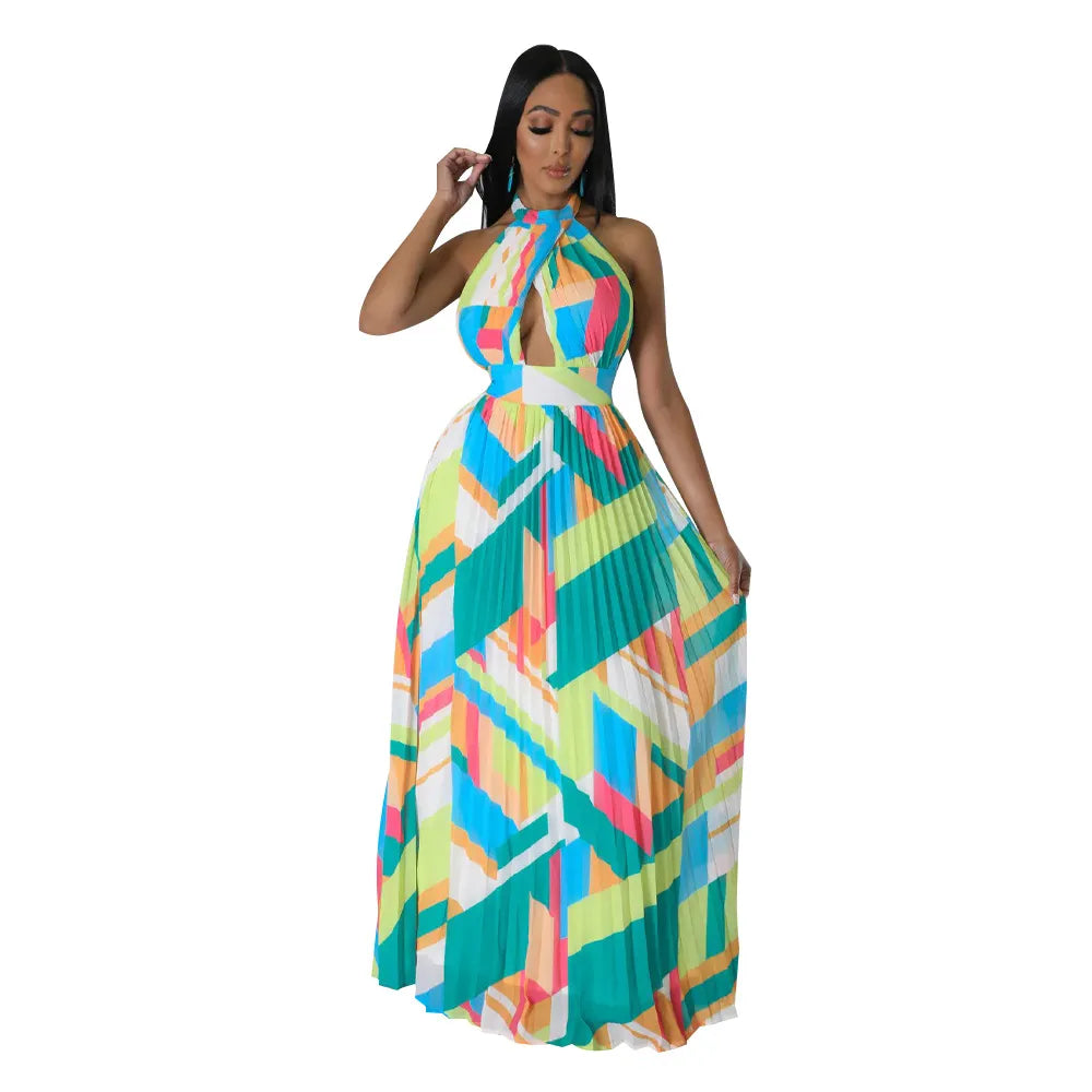 Backless Pleated Sleeveless Maxi Dress