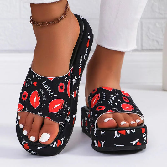 Casual Printed Round-Toe Platform Wear-Resistant Slippers