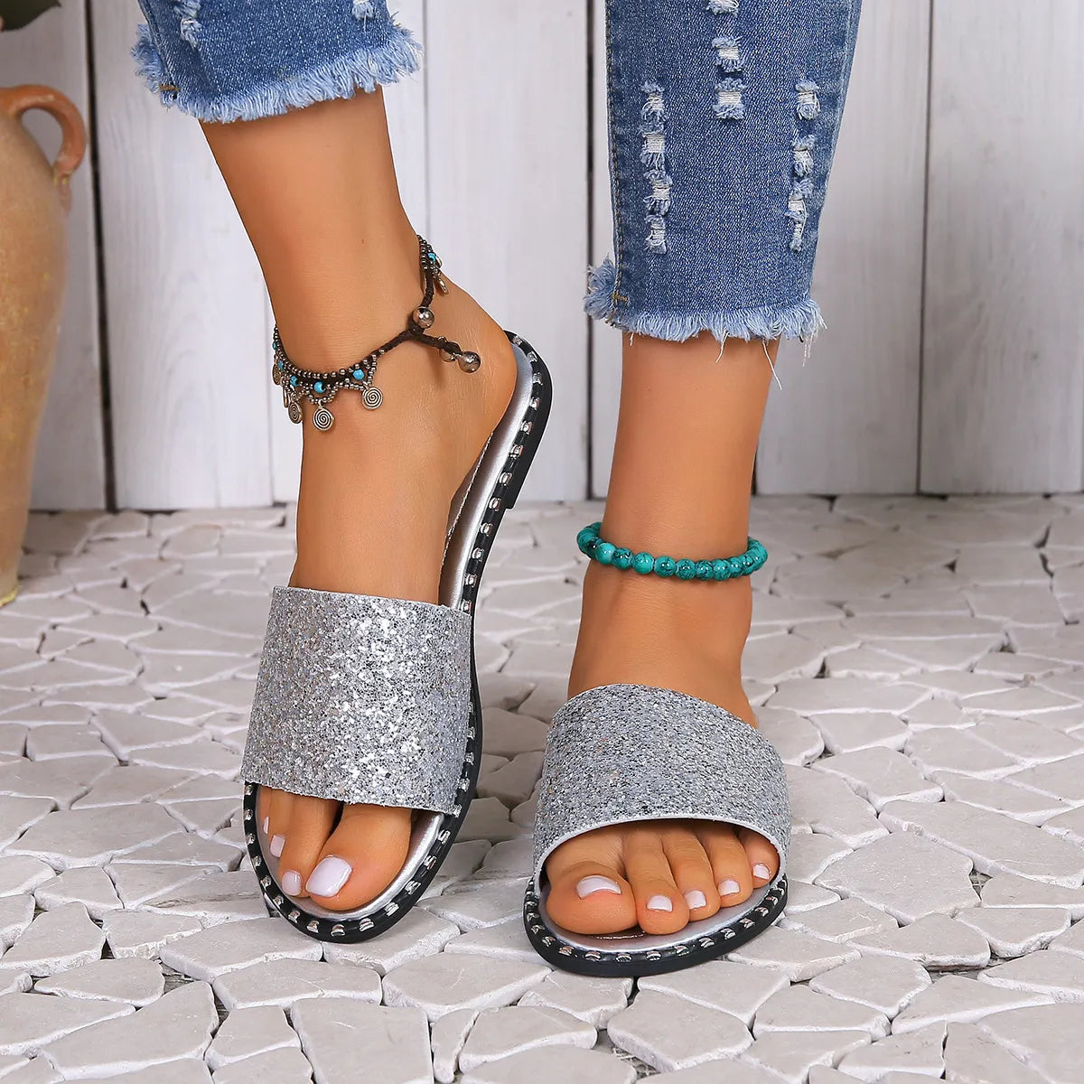 Sequins Round Toe Flat Slippers