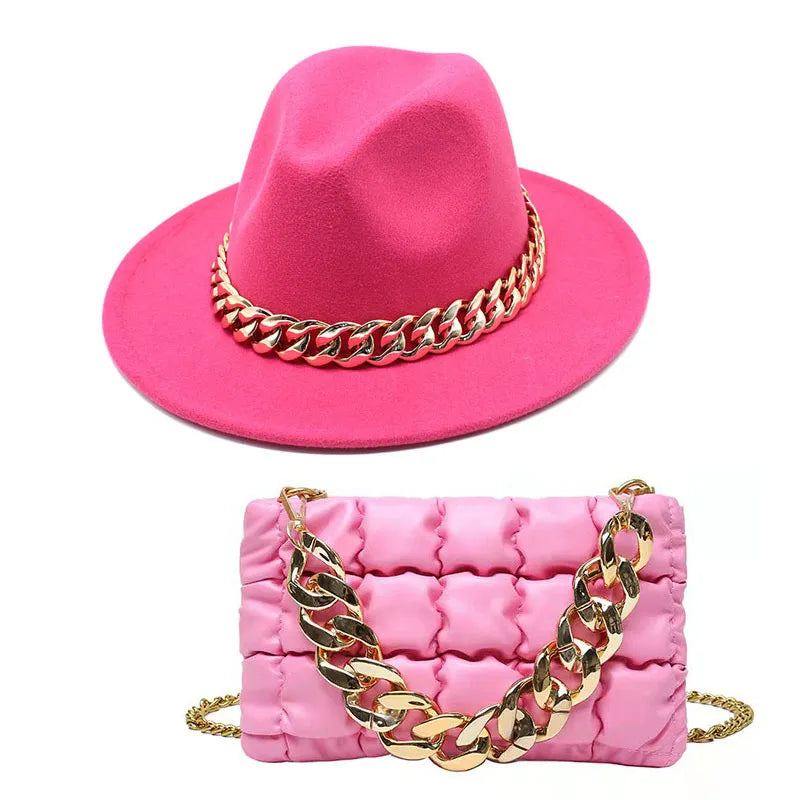 Gold Acrylic Chain Messenger Bag With Jazz Hat Two-Piece Set