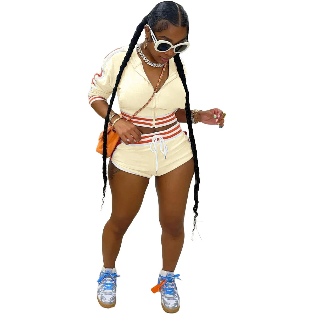 Stripe Hooded Long Top + Sexy Shorts Tracksuit