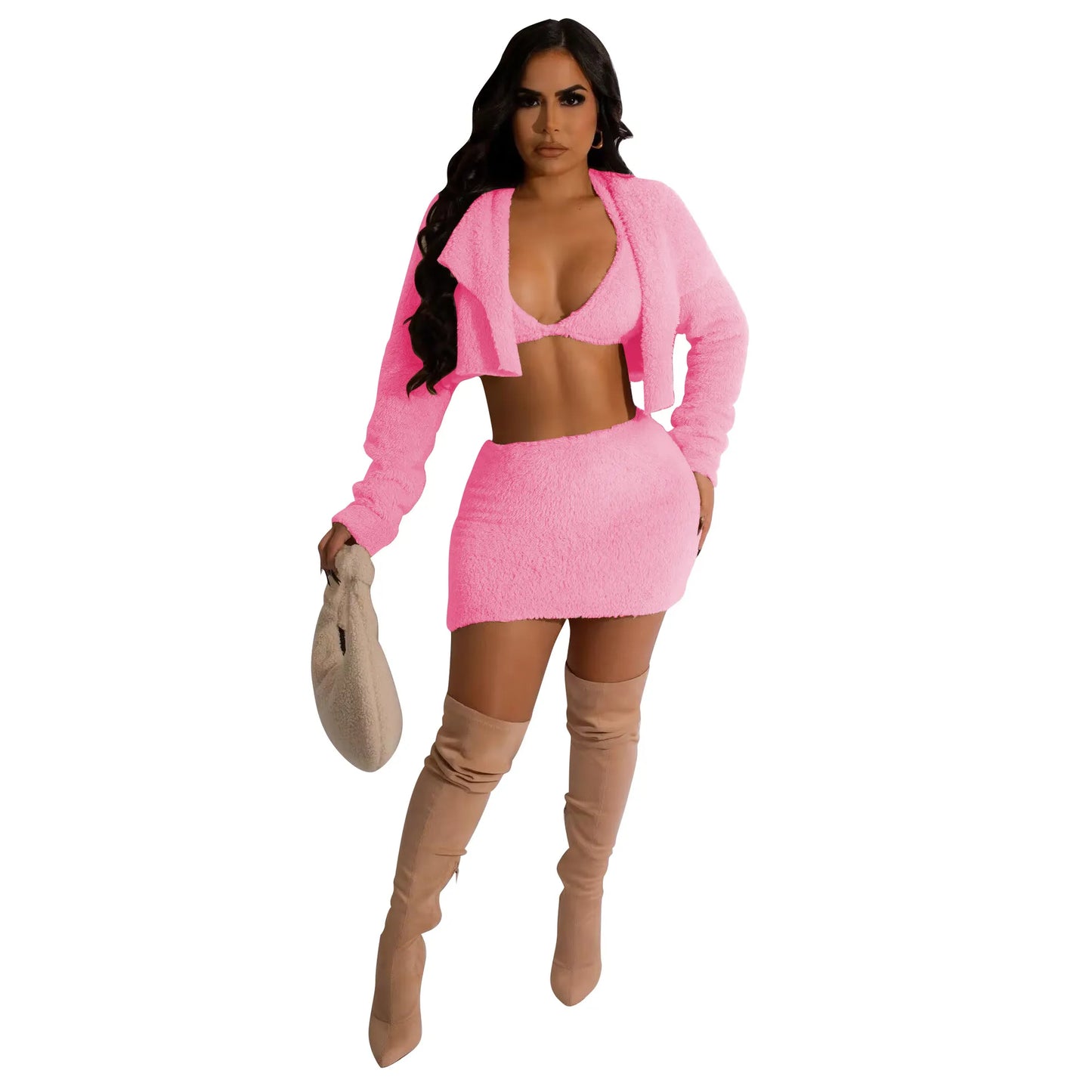 Double-Sided Plush Fleece Bra Jacket Mini Skirt Three-Piece Set