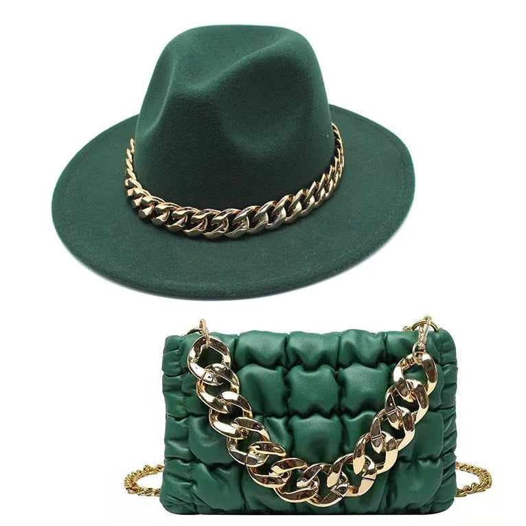 Gold Acrylic Chain Messenger Bag With Jazz Hat Two-Piece Set