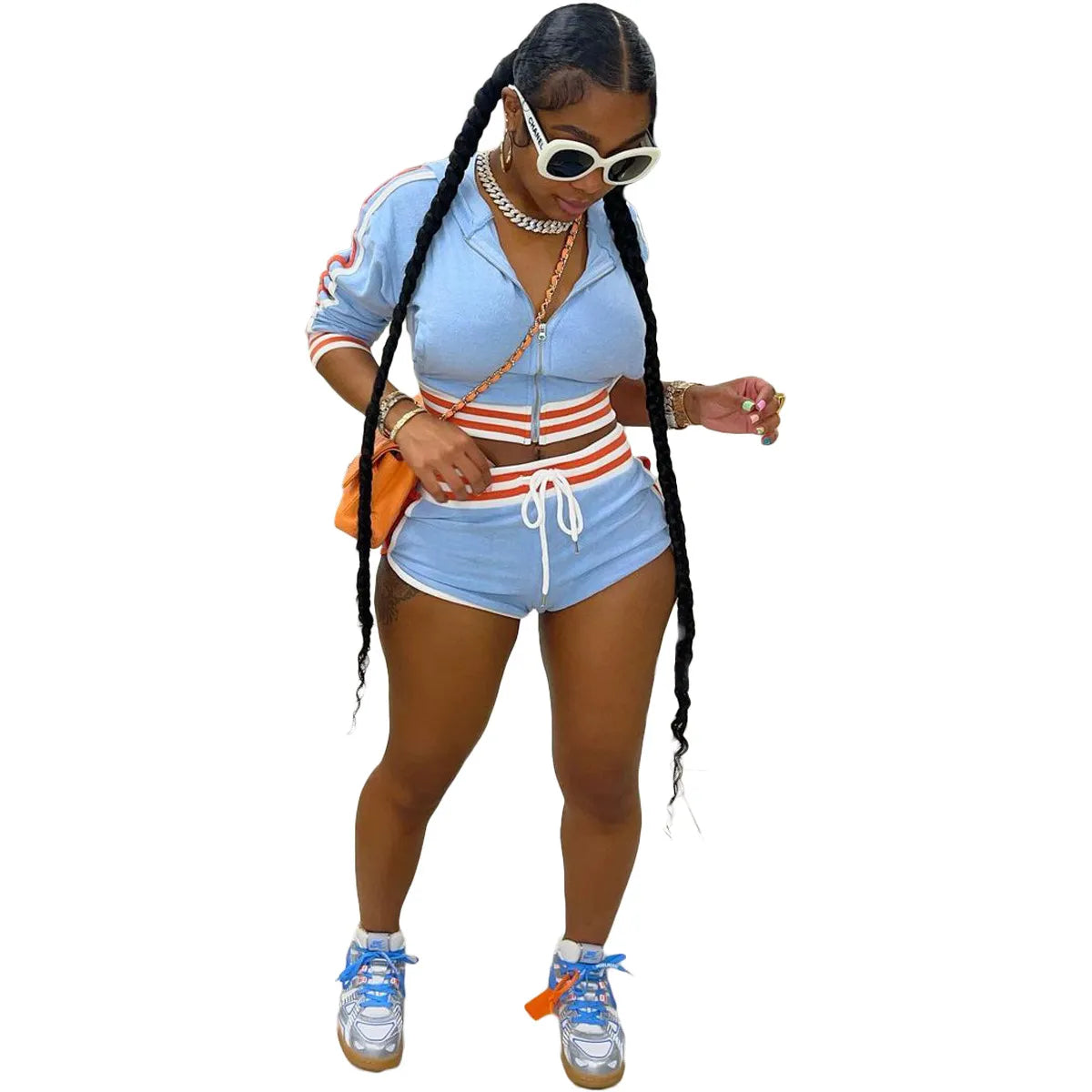 Stripe Hooded Long Top + Sexy Shorts Tracksuit