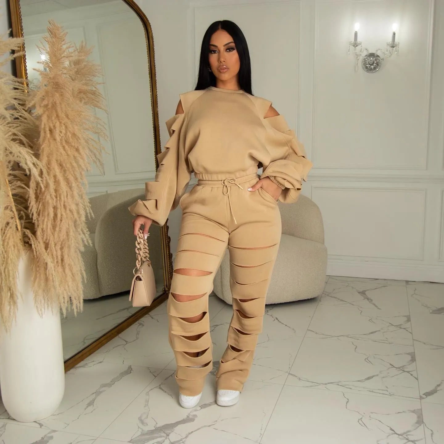Ripped Long-Sleeve Top and Pant Set