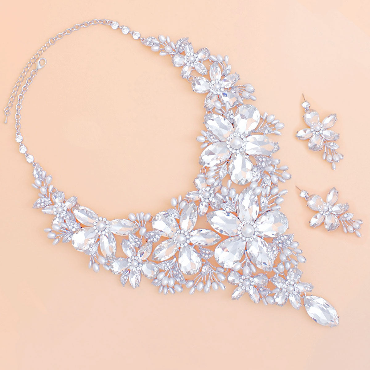Crystal Necklace Silver Flower Bib for Women