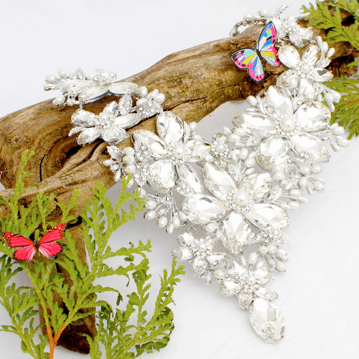 Crystal Necklace Silver Flower Bib for Women