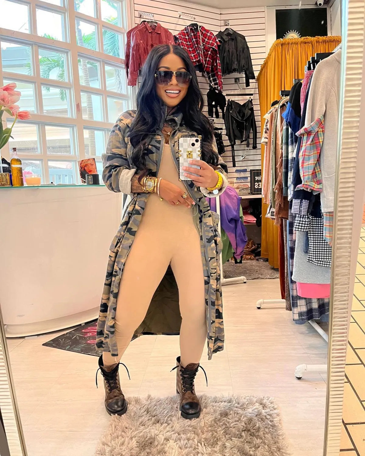 Drawstring Camouflage Long Zipper Jacket