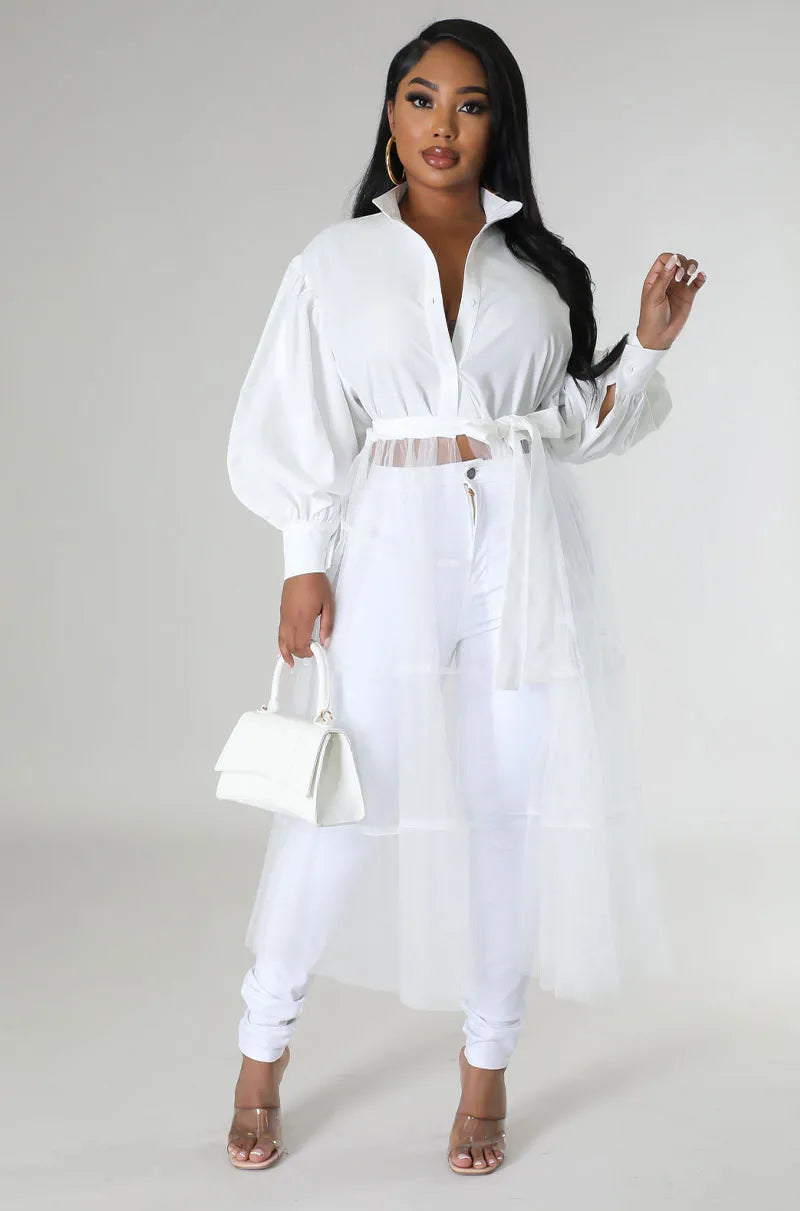 Mesh Patchwork Long Sleeve Long Shirt