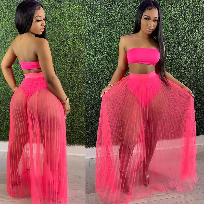 Strapless Crop Top Mesh Skirt Three-Piece Set