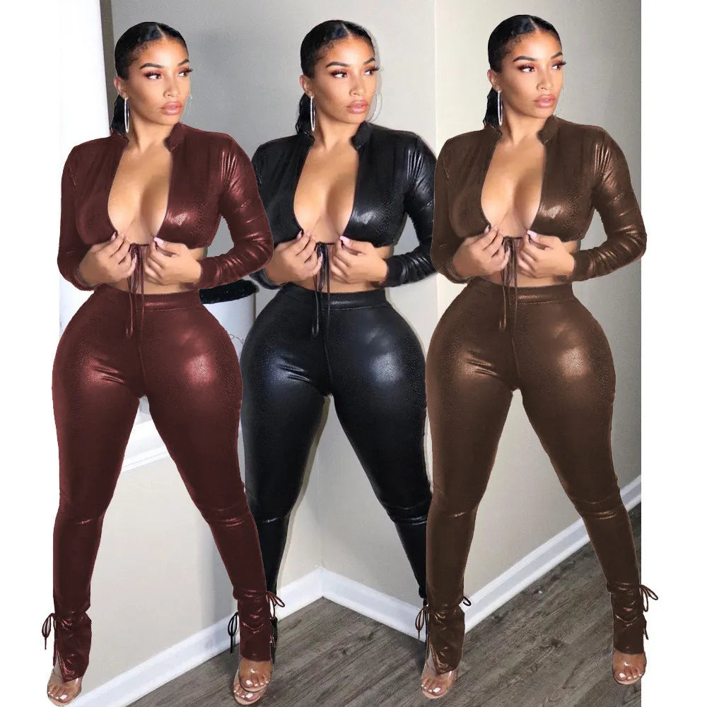 Leather Long Sleeve Front Crop Top & Pants Set