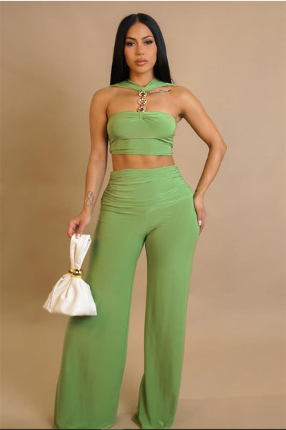 Halter Neck Crop Tank And Wide Leg Pants Set