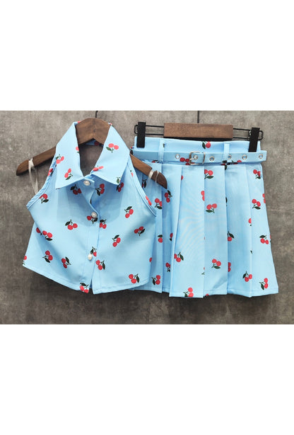 Backless shirt + pleated skirt set with matching belt