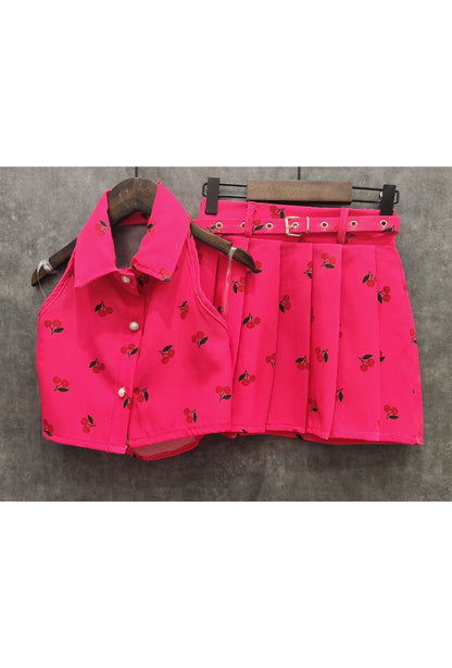 Backless shirt + pleated skirt set with matching belt
