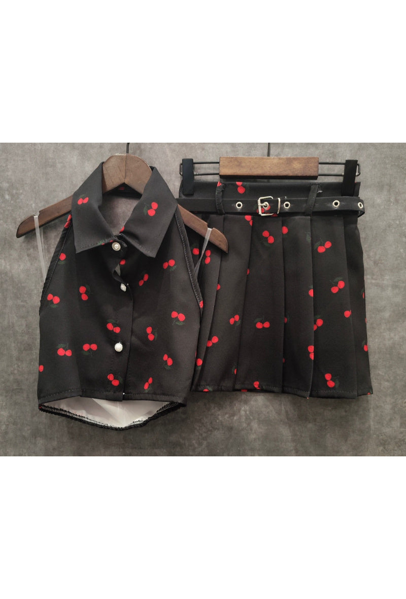 Backless shirt + pleated skirt set with matching belt