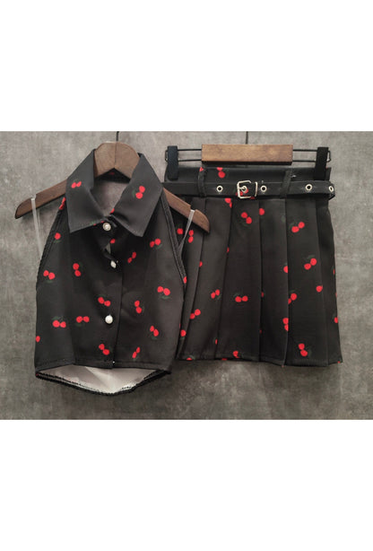 Backless shirt + pleated skirt set with matching belt