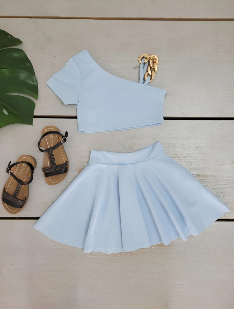 Girl's Crop-Top Set with Chain Bare Shoulder and Short Plain Pleated Skirt