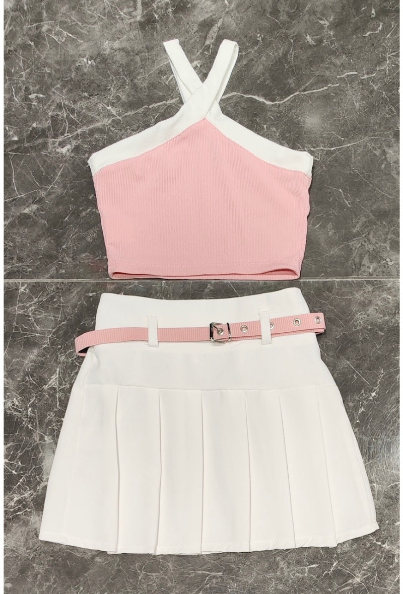 Tank top + pleated skirt set with matching belt