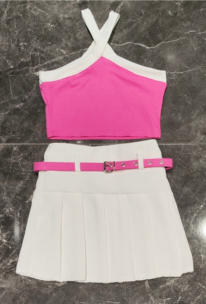 Tank top + pleated skirt set with matching belt