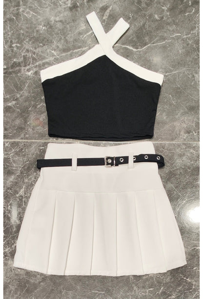 Tank top + pleated skirt set with matching belt