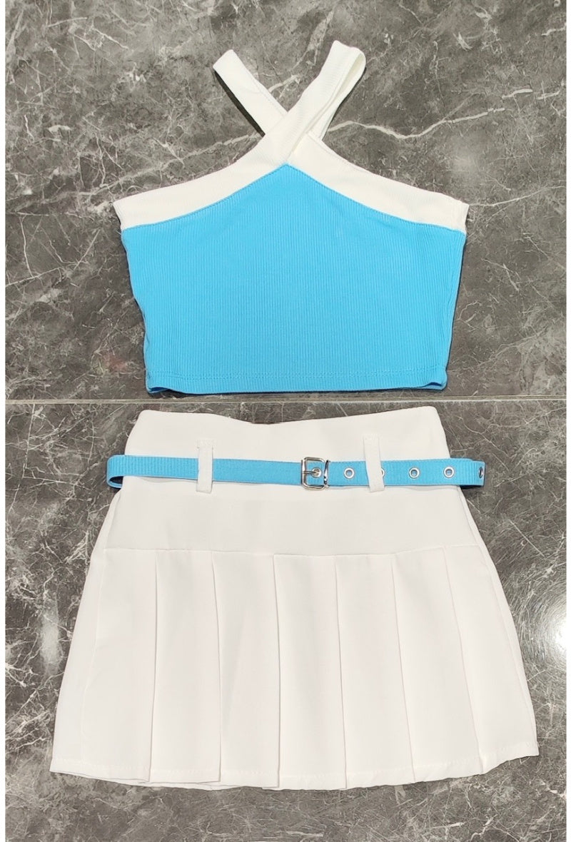 Tank top + pleated skirt set with matching belt