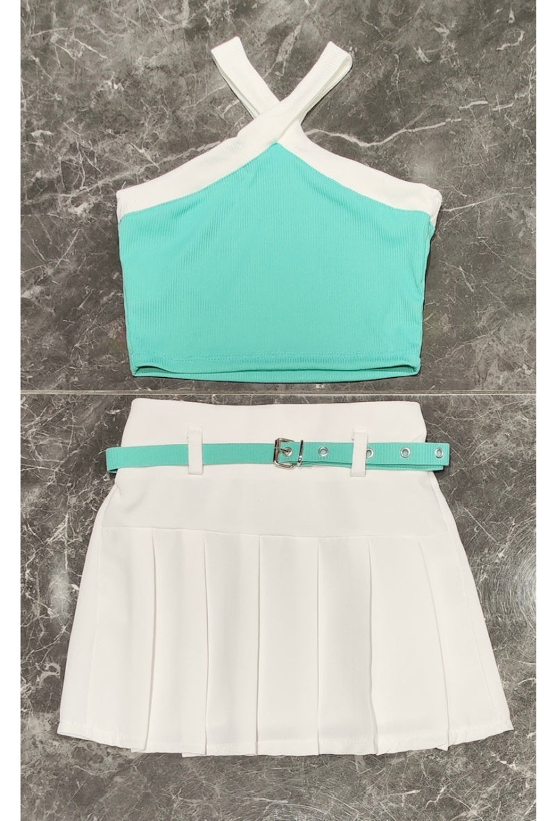 Tank top + pleated skirt set with matching belt