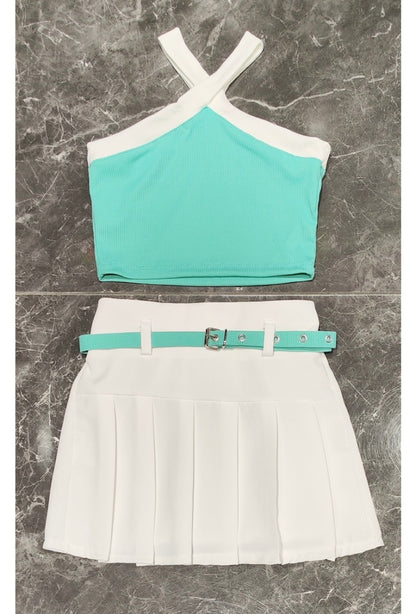 Tank top + pleated skirt set with matching belt