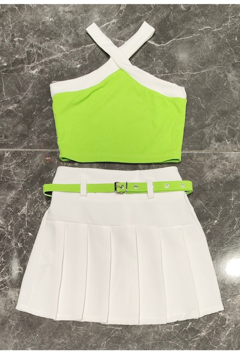 Tank top + pleated skirt set with matching belt