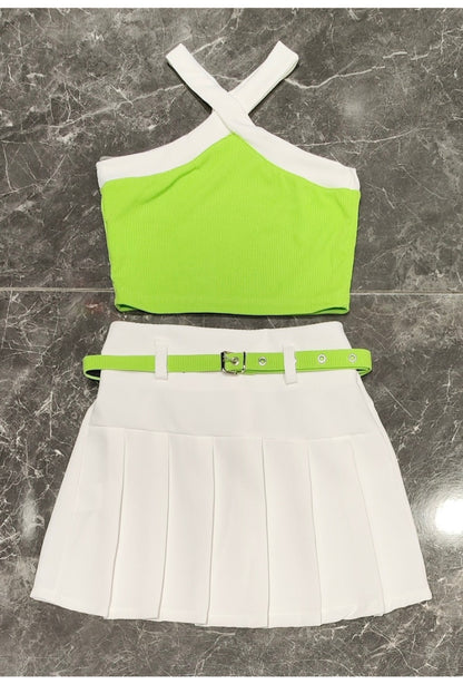 Tank top + pleated skirt set with matching belt