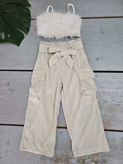 Girls' Faux Fur Crop Top And Cargo Pants Set