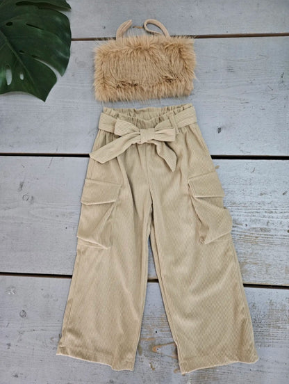 Girls' Faux Fur Crop Top And Cargo Pants Set