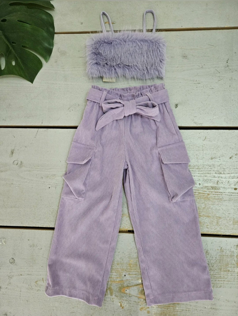 Girls' Faux Fur Crop Top And Cargo Pants Set