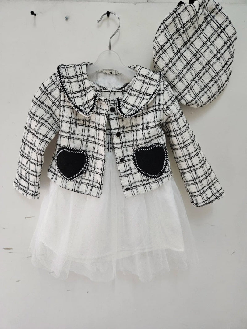 Girl's Tweed Jacket And Beret And Dress With Voile Stockings Set