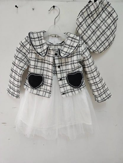 Girl's Tweed Jacket And Beret And Dress With Voile Stockings Set