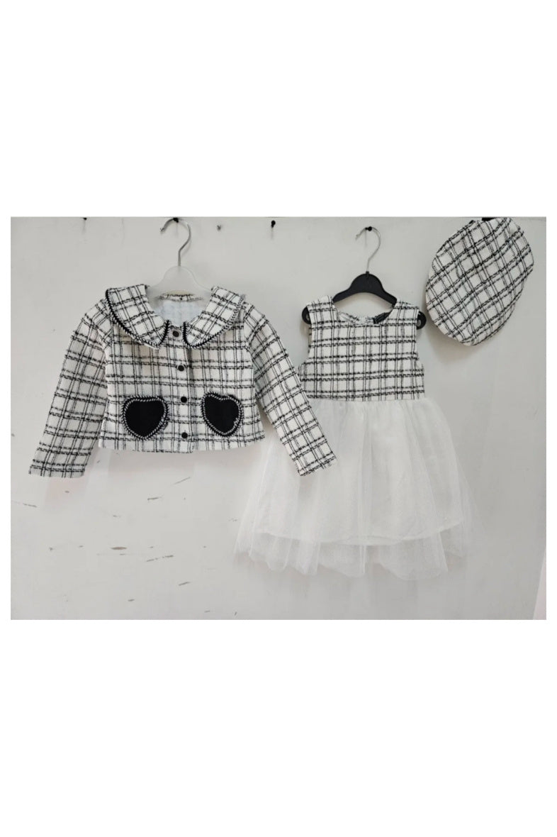 Girl's Tweed Jacket And Beret And Dress With Voile Stockings Set