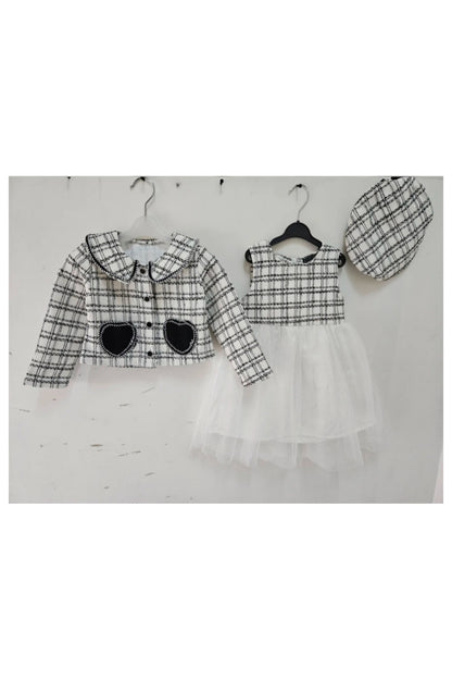 Girl's Tweed Jacket And Beret And Dress With Voile Stockings Set