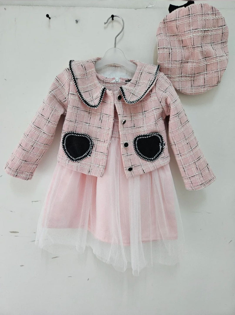 Girl's Tweed Jacket And Beret And Dress With Voile Stockings Set
