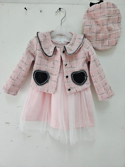 Girl's Tweed Jacket And Beret And Dress With Voile Stockings Set