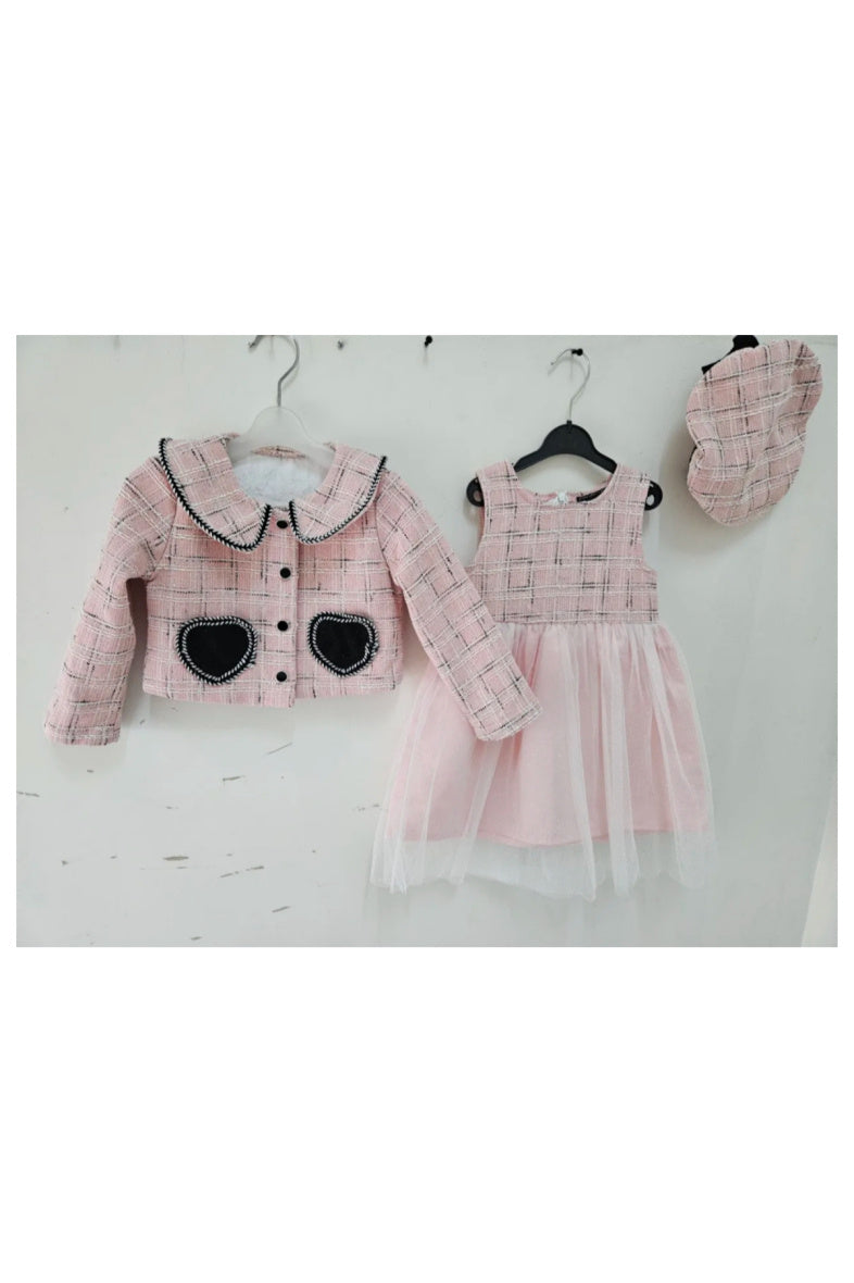 Girl's Tweed Jacket And Beret And Dress With Voile Stockings Set